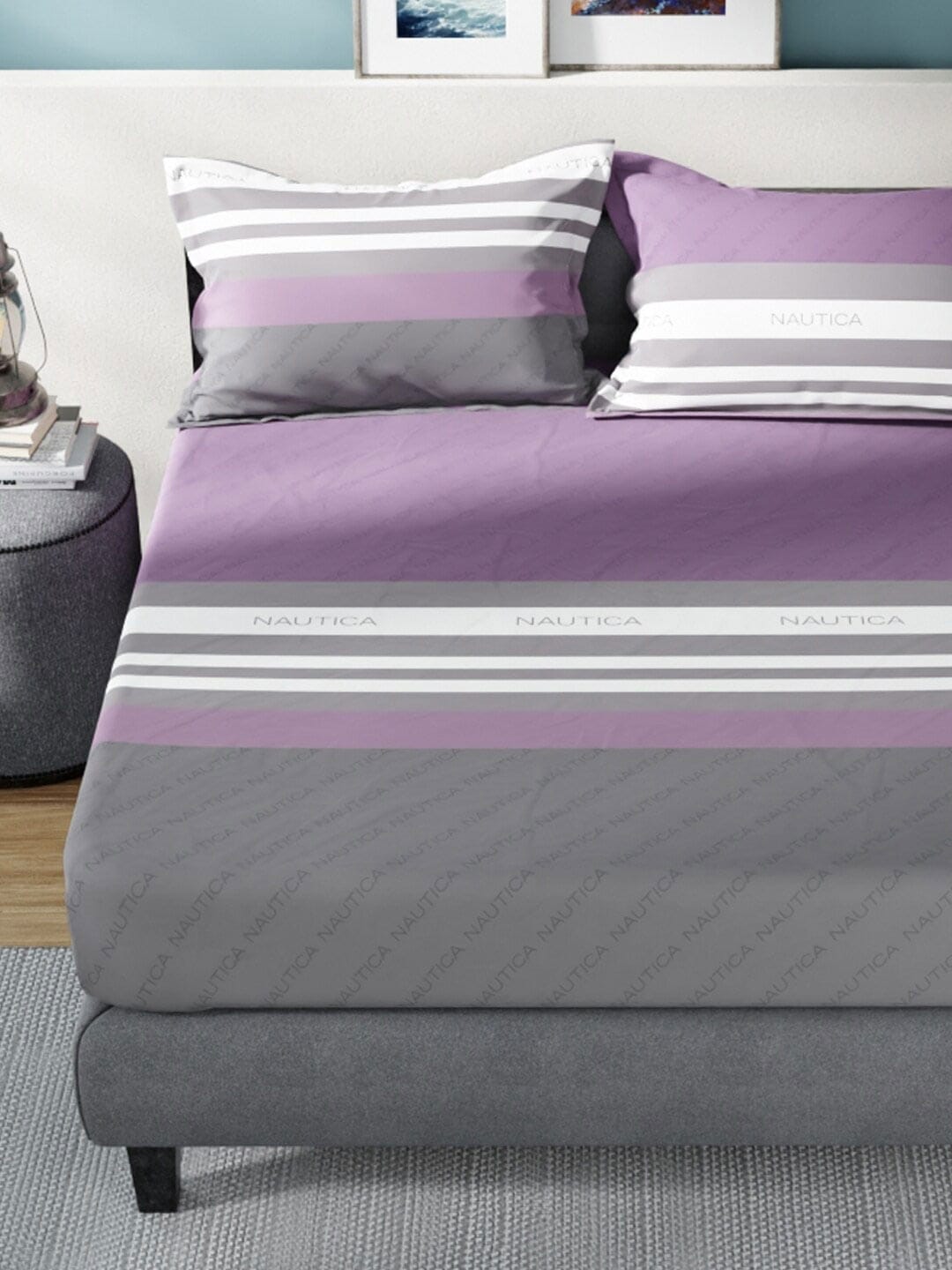 Nautica Bradford Purple & Grey Striped 160 TC Pure Cotton King Bedsheet & 2 Pillow Covers - Swadesiicart
