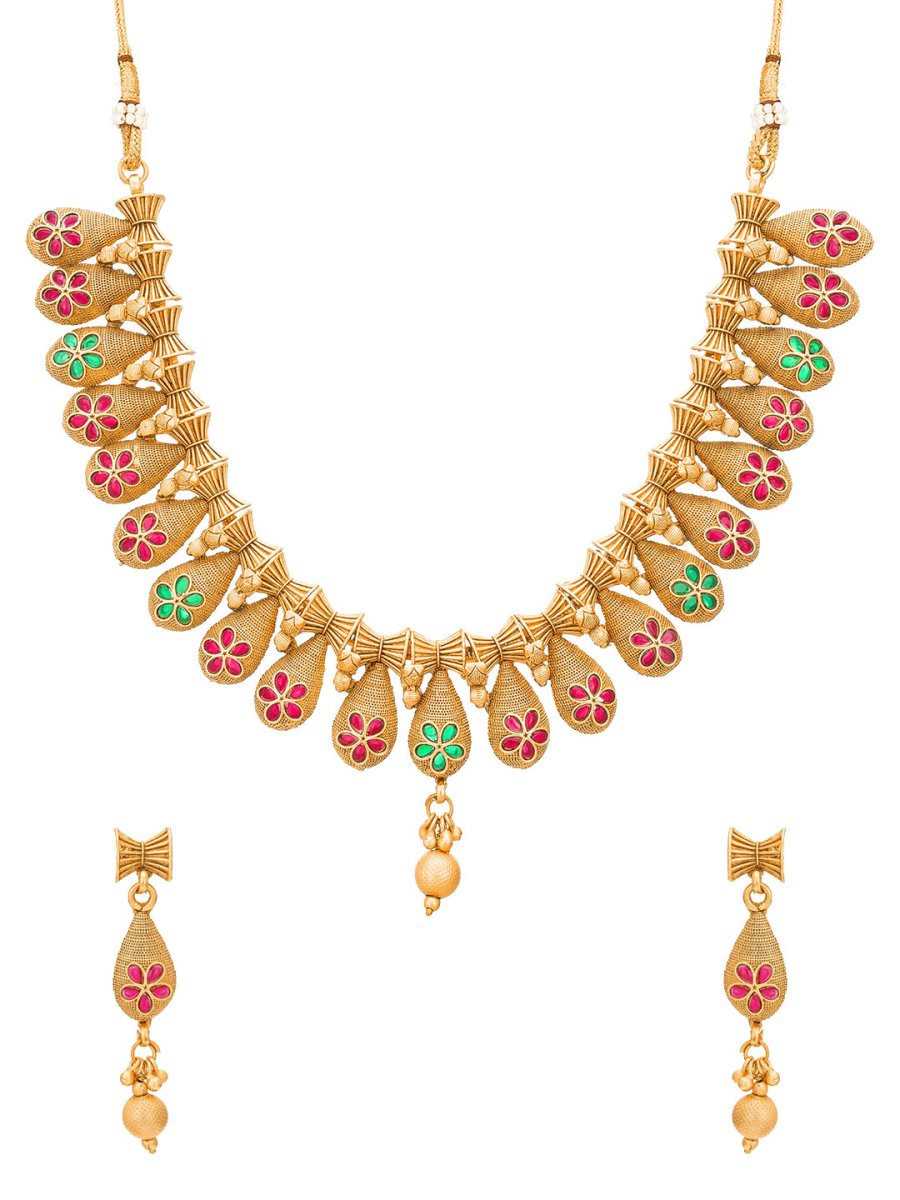 Aadita Gold-Polished Temple Choker Ruby Jewellery Set | Swadesiicart
