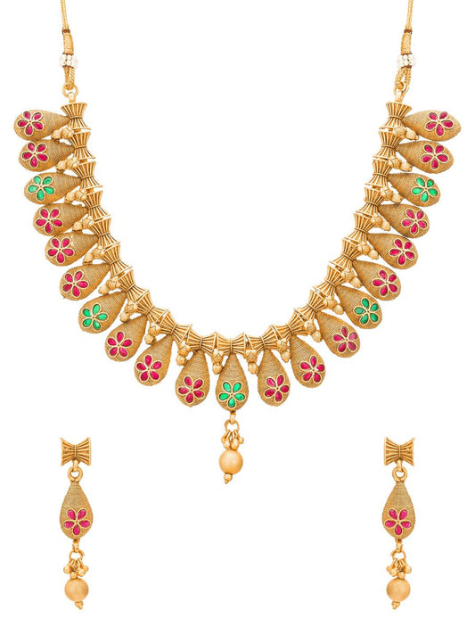 Aadita Gold-Polished Temple Choker Ruby Jewellery Set | Swadesiicart