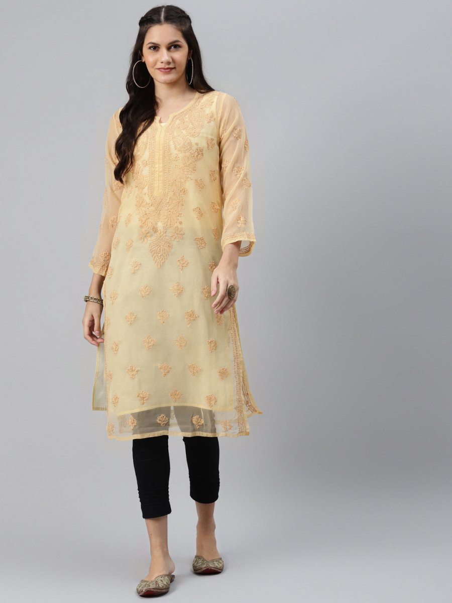 ADA Women Beige & Black Ethnic Motifs Embroidered Chikankari Handloom Kurta with Trousers & Inner | Swadesiicart
