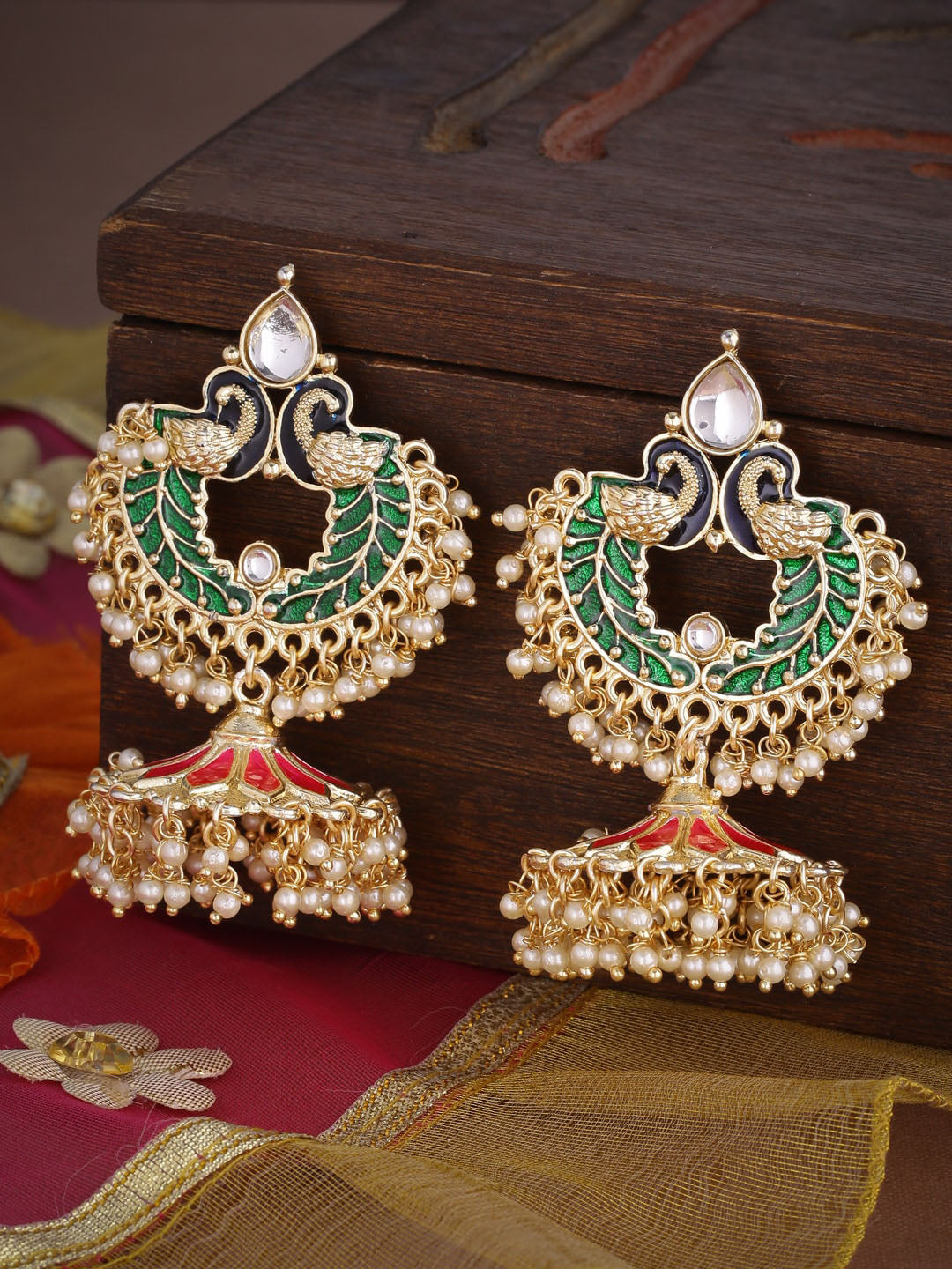 Shoshaa Gold-Polished Green Enamelled Peacock Shaped Jhumkas | Swadesiicart