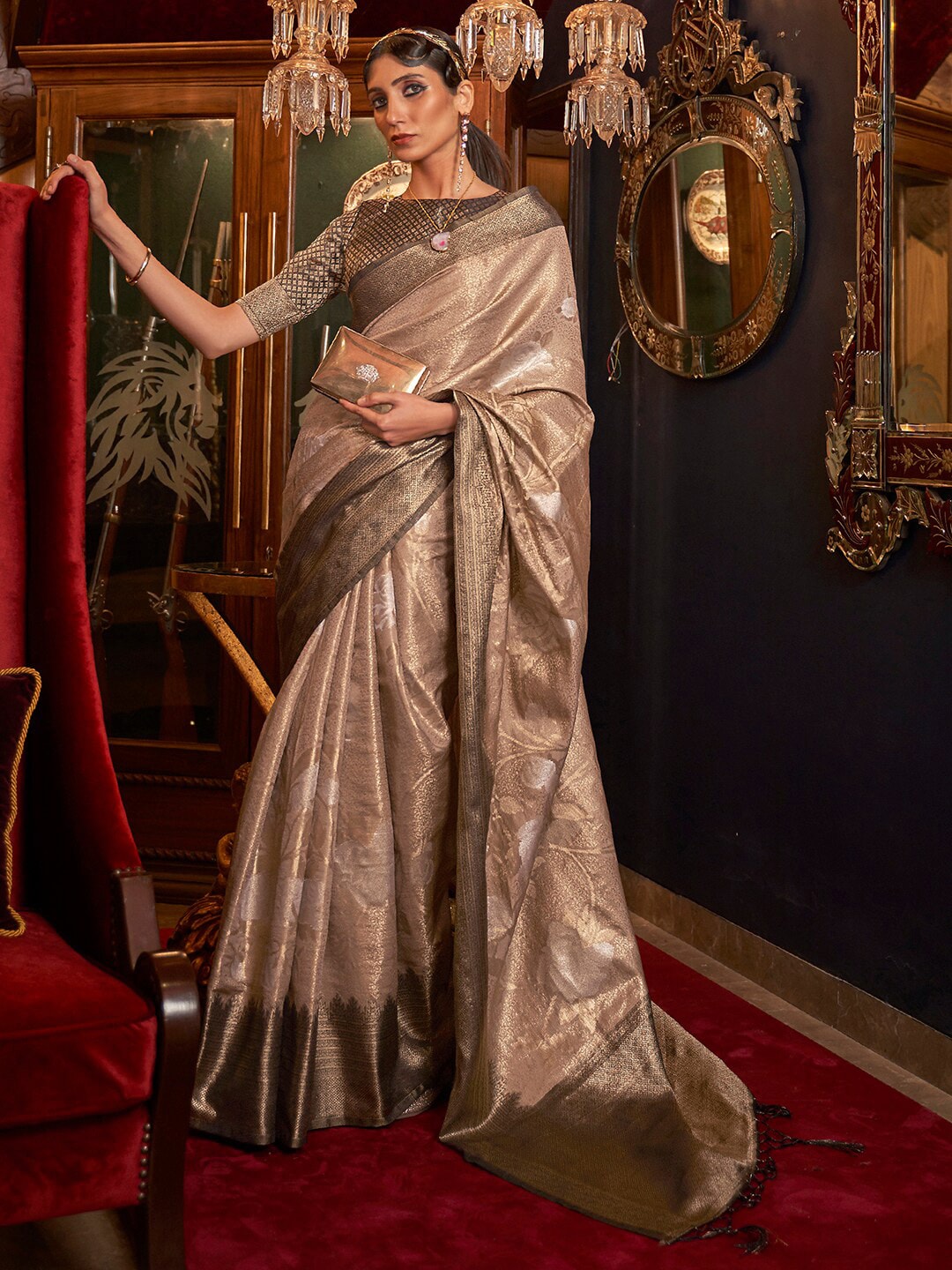 Mitera Beige & Gold-Toned Woven Design Zari Silk Blend Banarasi Saree | Swadesiicart