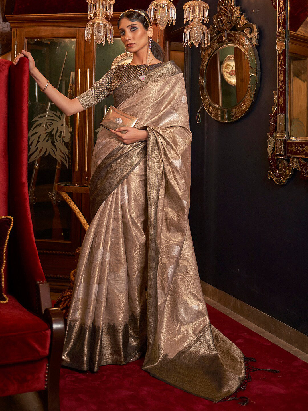Mitera Beige & Gold-Toned Woven Design Zari Silk Blend Banarasi Saree | Swadesiicart