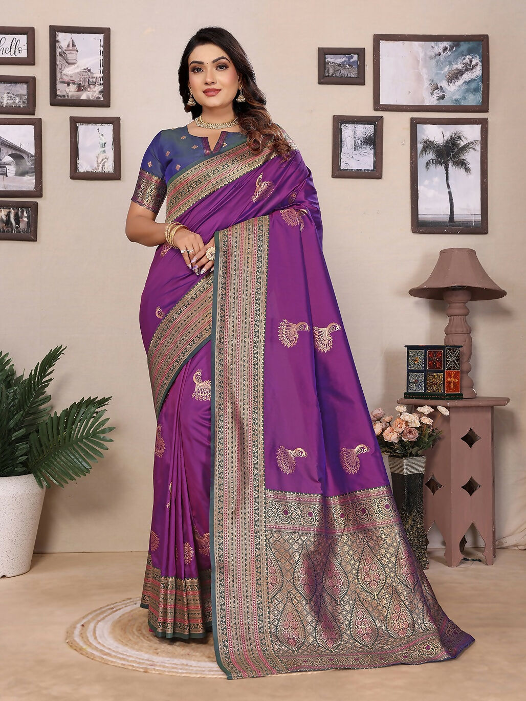 Joban Fashion Banarasi Magenta Small Butti Soft Silk Saree | Swadesiicart