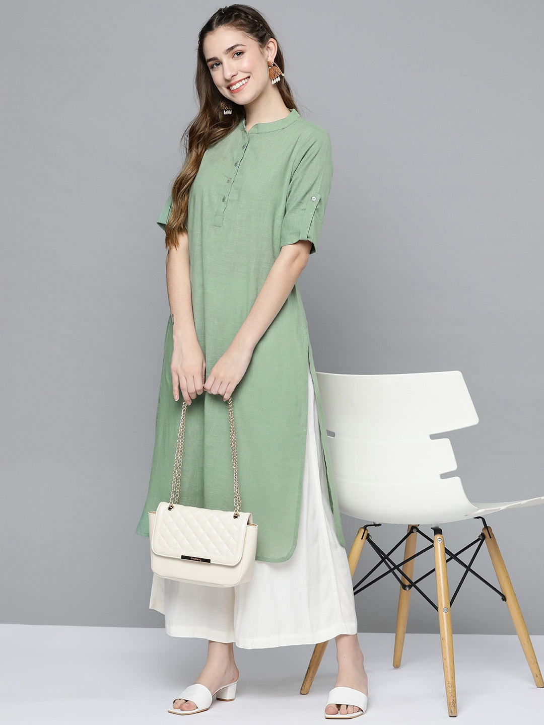 HERE&NOW Women Mint Green Pakistani Style Kurta - Swadesiicart