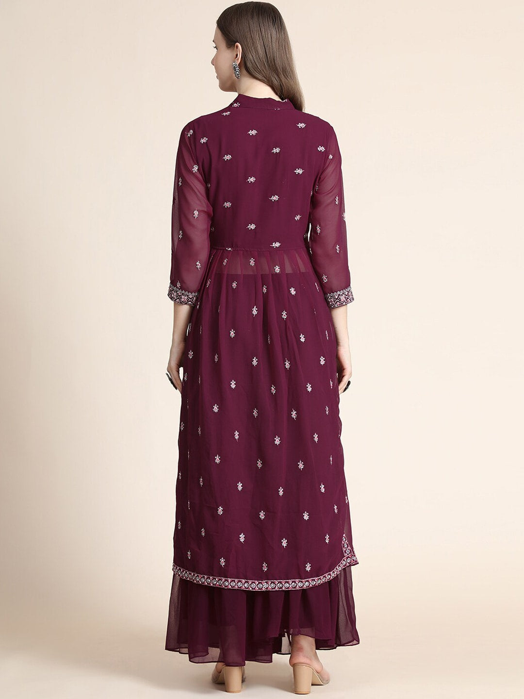 Kalini Women Burgundy Floral Yoke Design Empire Silk Georgette Kurta with Sharara | Swadesiicart