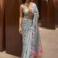 Mitera Grey & Pink Floral Satin Banarasi Saree | Swadesiicart