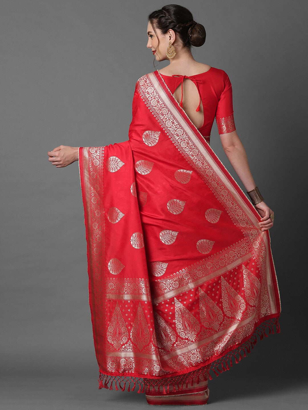 Mitera Red & Silver-Coloured Ethnic Motifs Zari Woven Design Silk Blend Banarasi Saree | Swadesiicart