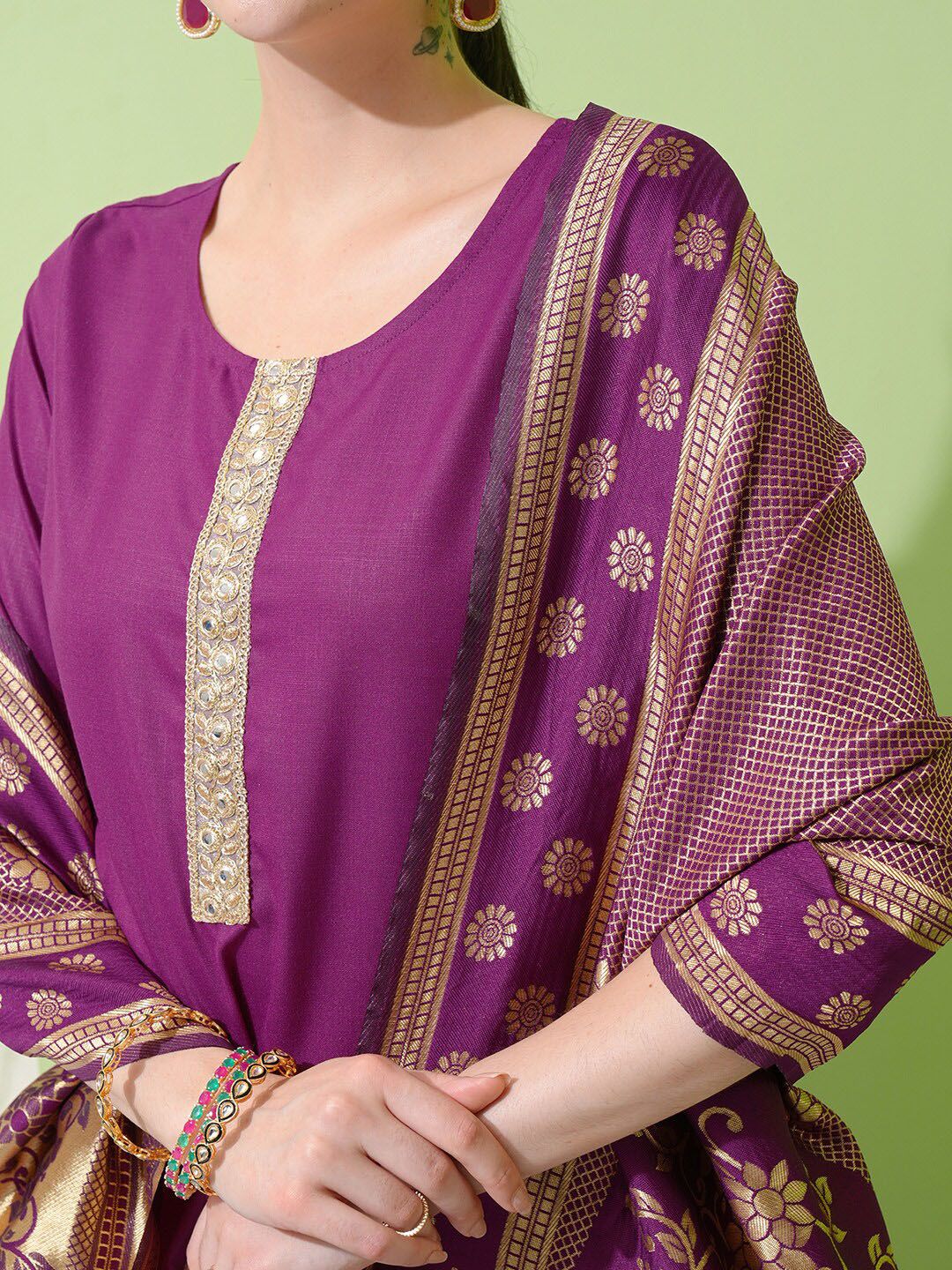 Vishudh Purple Yoke Design Thread Work Straight Kurta With Palazzos & Dupatta - Swadesiicart