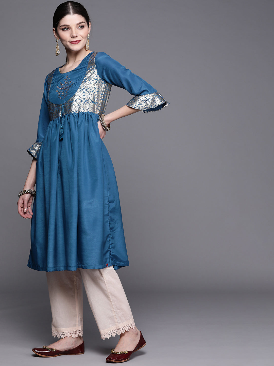 Biba Women Teal Blue & Golden Ethnic Motifs Yoke Design A-Line Kurta - Swadesiicart