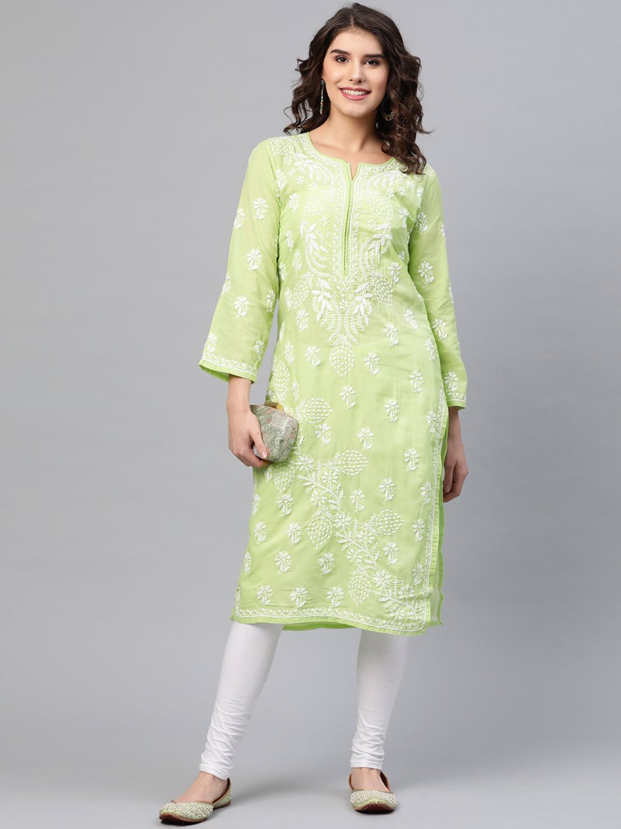 ADA Women Green & White Chikankari Embroidered Cotton Straight Sustainable Kurta | Swadesiicart