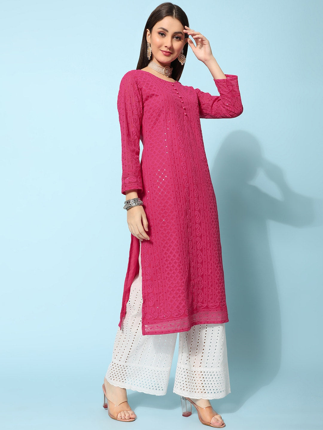 Kalini Ethnic Motifs Embroidered Chikankari Georgette Kurta | Swadesiicart