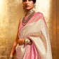 Mitera Cream-Coloured & Pink Paisley Silk Blend Banarasi Saree | Swadesiicart