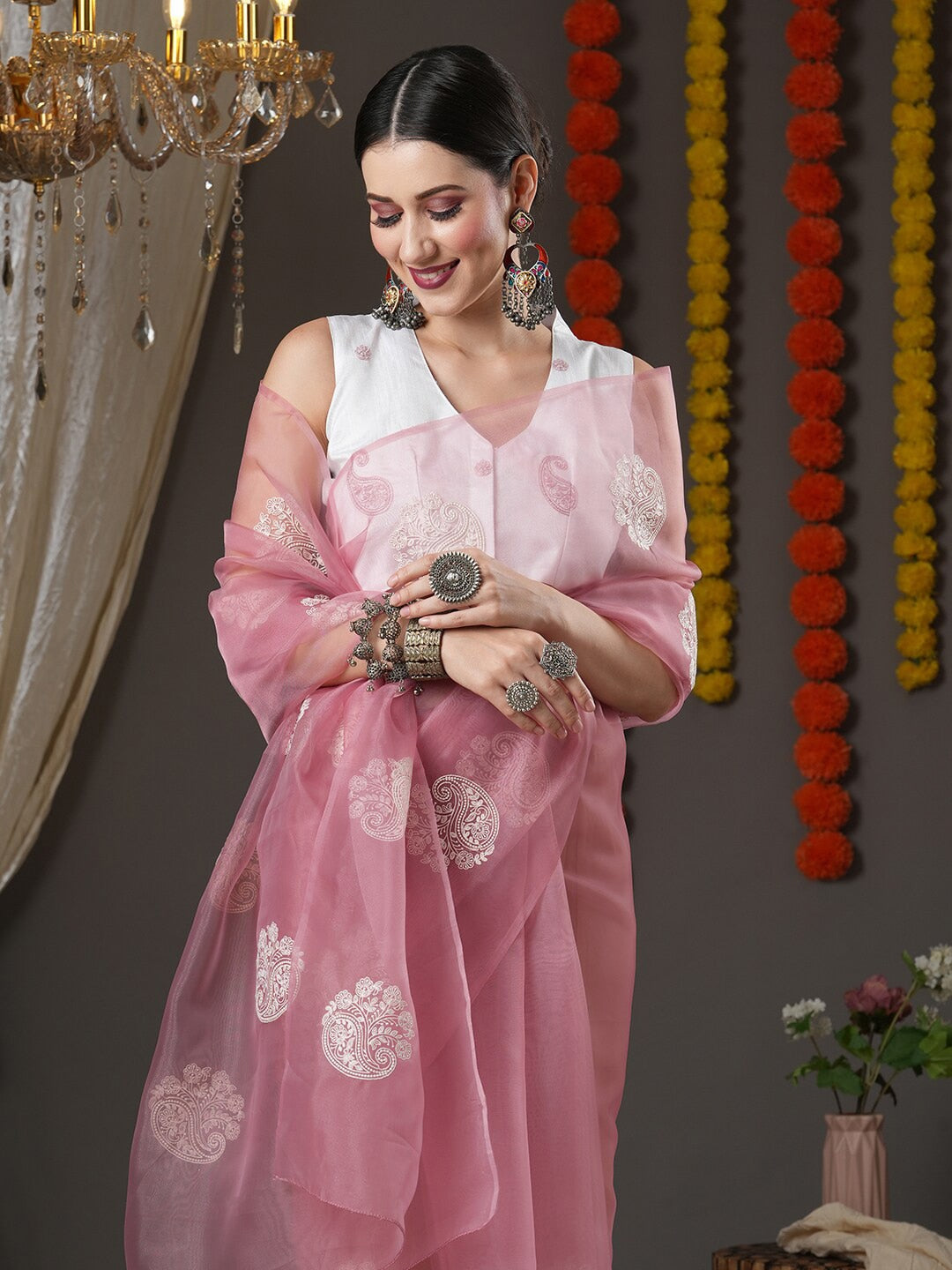 Saree Mall Mauve & White Floral Embroidered Organza Banarasi Sarees | Swadesiicart