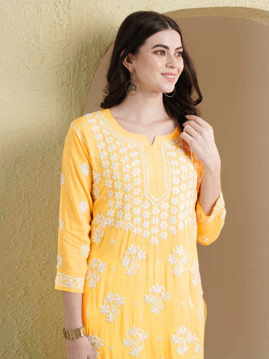 ADA Floral Lucknowi Chikankari Straight Kurta | Swadesiicart