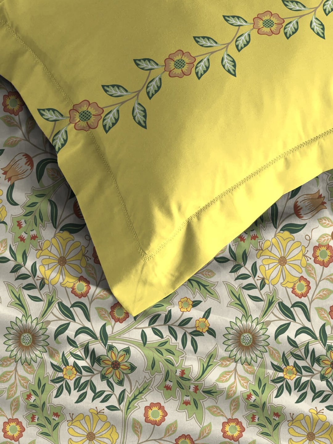 MYTRIDENT Beige White Floral Pure Cotton 144 TC Queen Bedsheet With 2 Pillow Covers - Swadesiicart