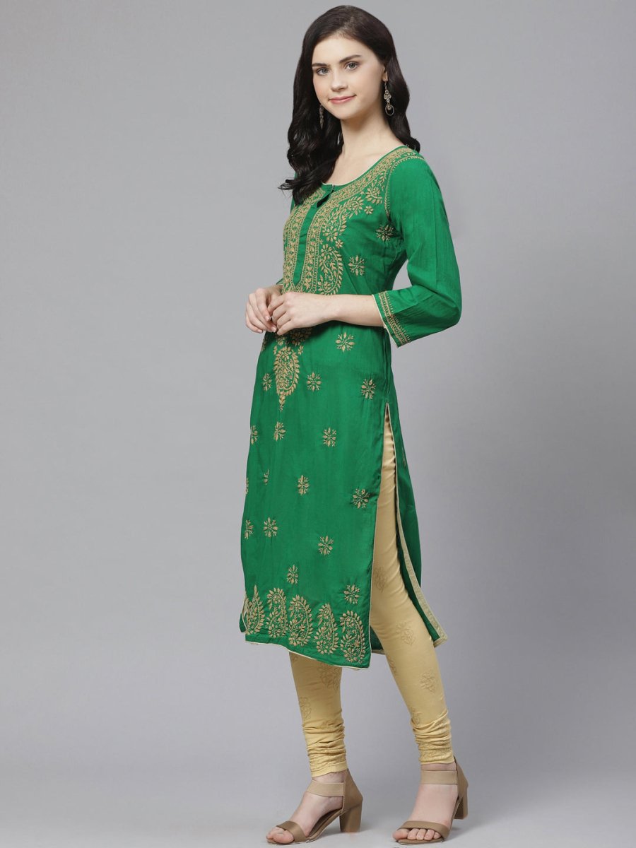 ADA Women Green & Beige Chikankari Embroidered Sustainable Handloom Kurta with Churidar | Swadesiicart