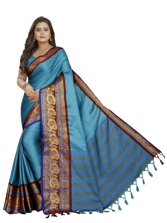 Vamika Banarasi Silk Blue Weaving Saree | Swadesiicart