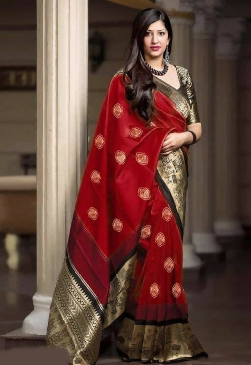 DEIANA'S Beautiful Designer Golden zari Soft Lichi Silk Saree - Red - Swadesiicart