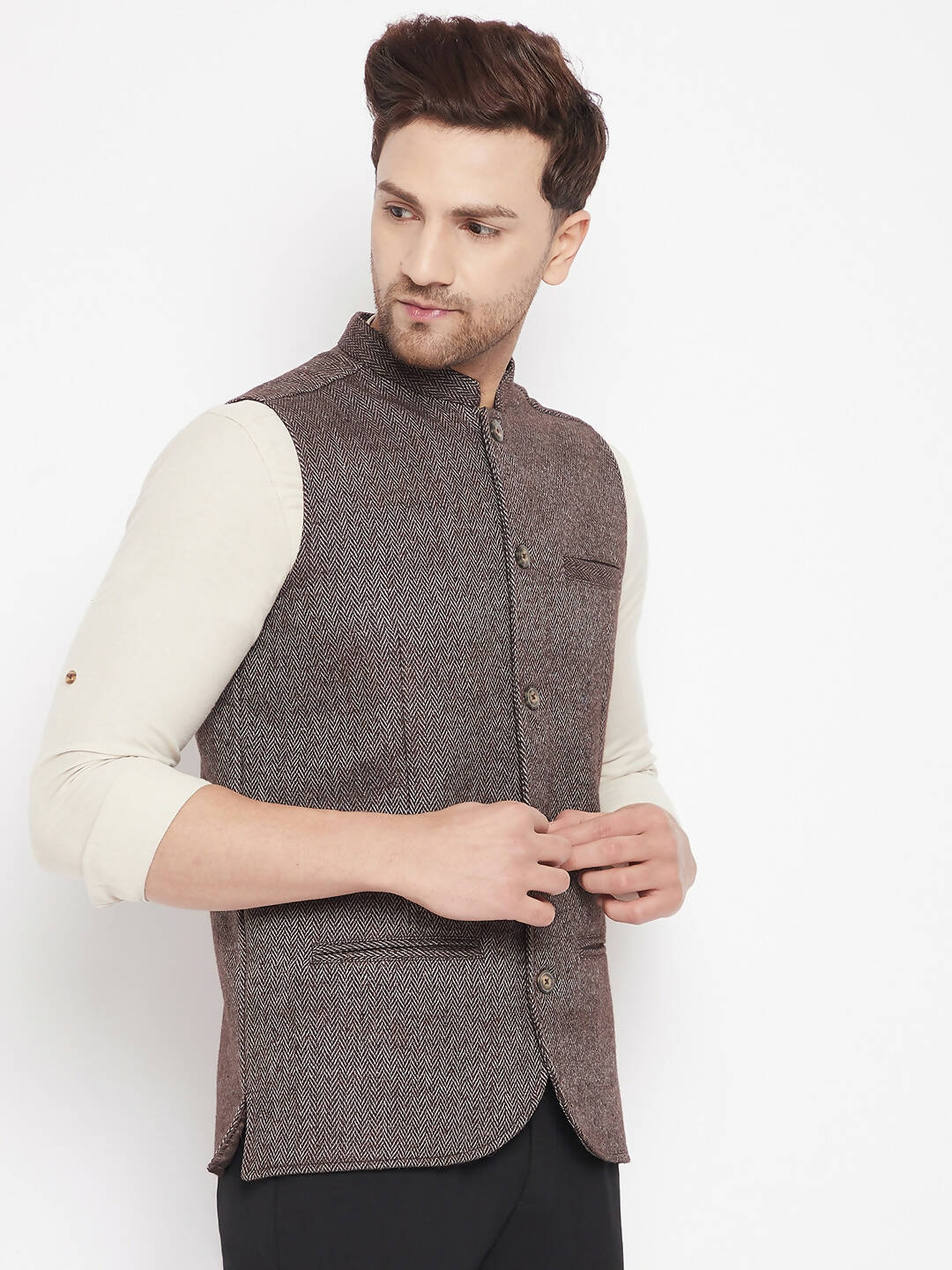 Even Apparels Brown Wool Men Woven Nehru Jacket | Swadesiicart