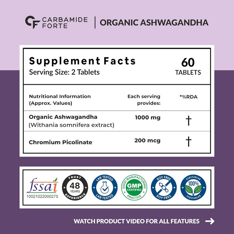 Carbamide Forte Organic Ashwagandha 1000mg Tablets | Swadesiicart