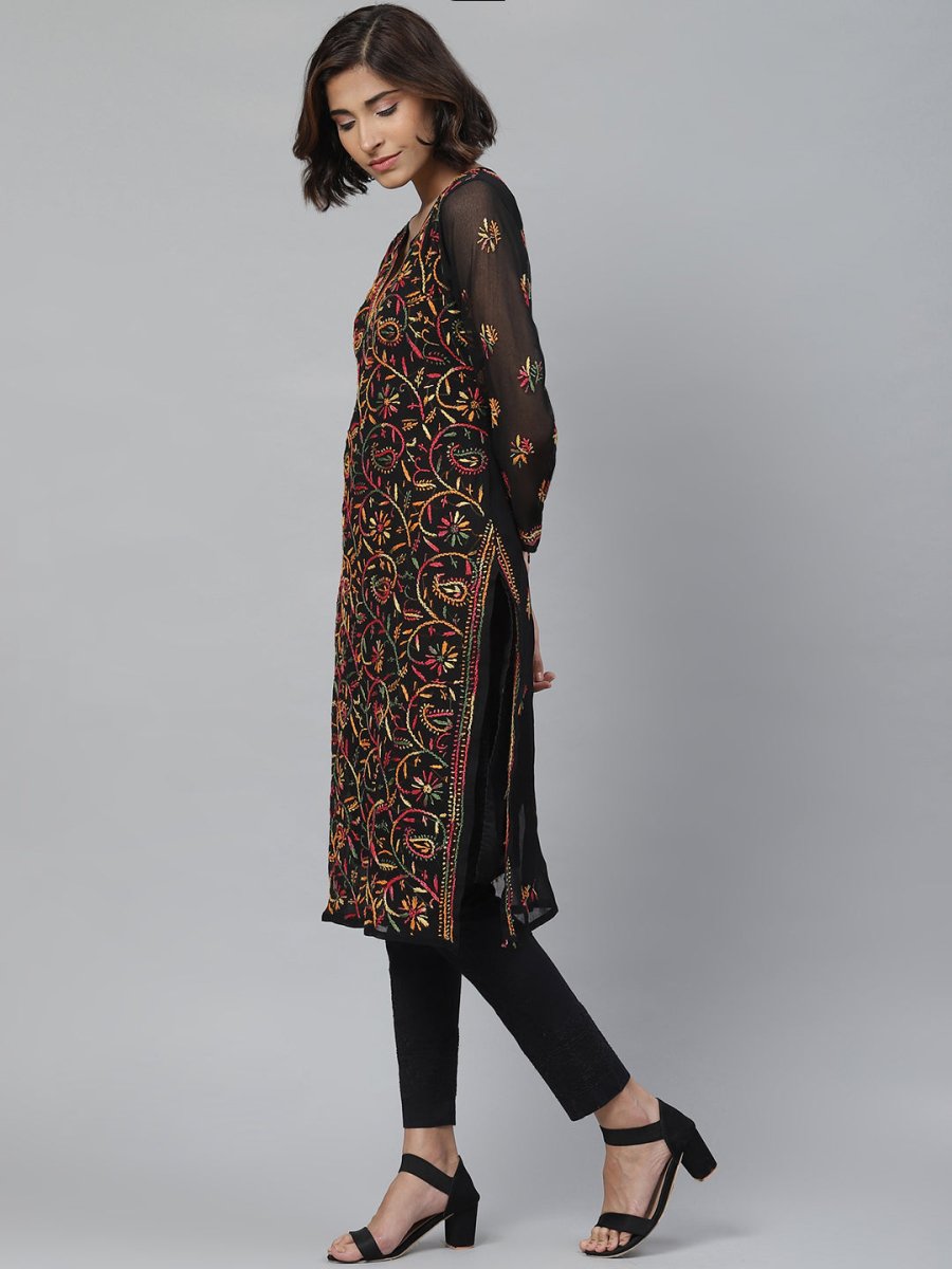 ADA Women Black & Mustard Yellow Chikankari Embroidered Sustainable Kurta with Trousers | Swadesiicart