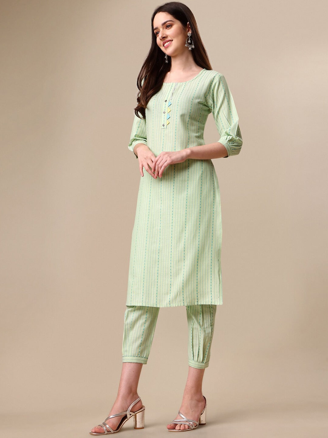 Kalini Striped Puff Sleeves Kurta with Trousers - Swadesiicart