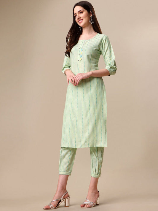 Kalini Striped Puff Sleeves Kurta with Trousers - Swadesiicart
