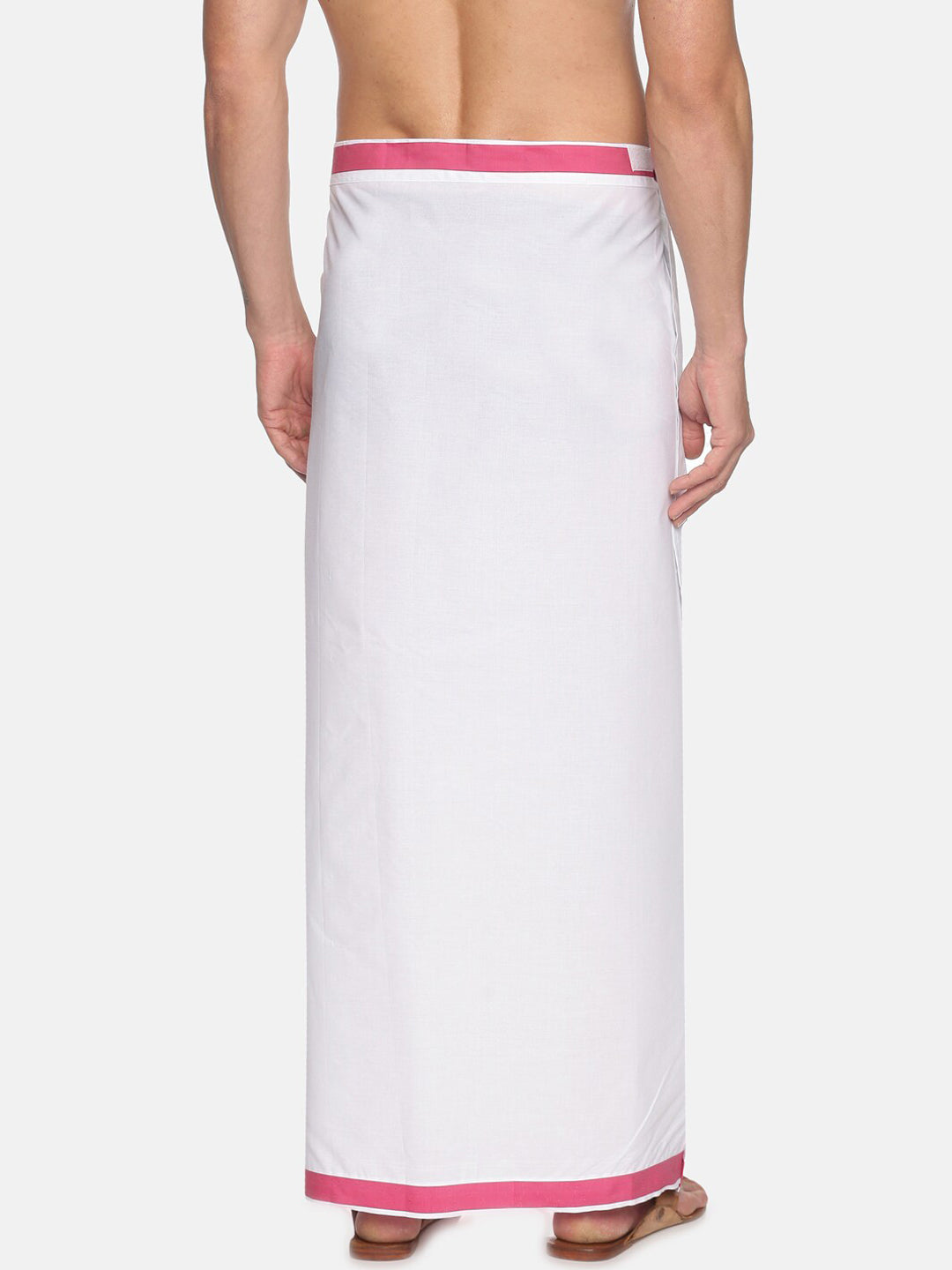 Sethukrishna White & Pink Solid Cotton Dhoti For Men | Swadesiicart