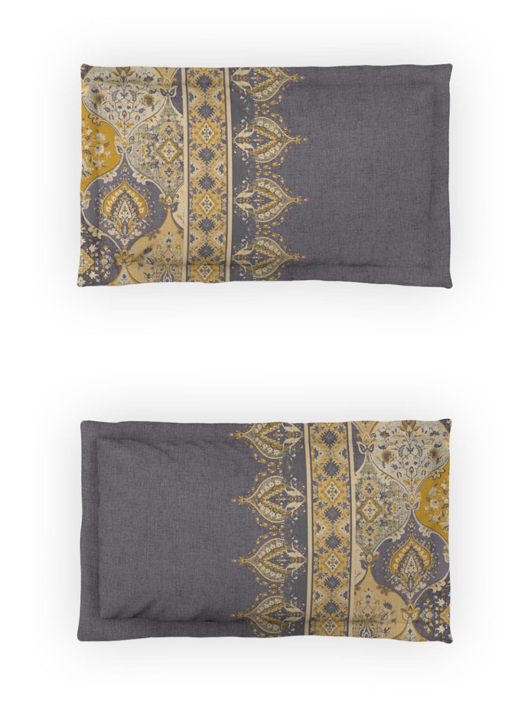 DDecor Grey & Yellow Ethnic Motifs Cotton 140 TC King Bedsheet With 2 Pillow Covers - Swadesiicart
