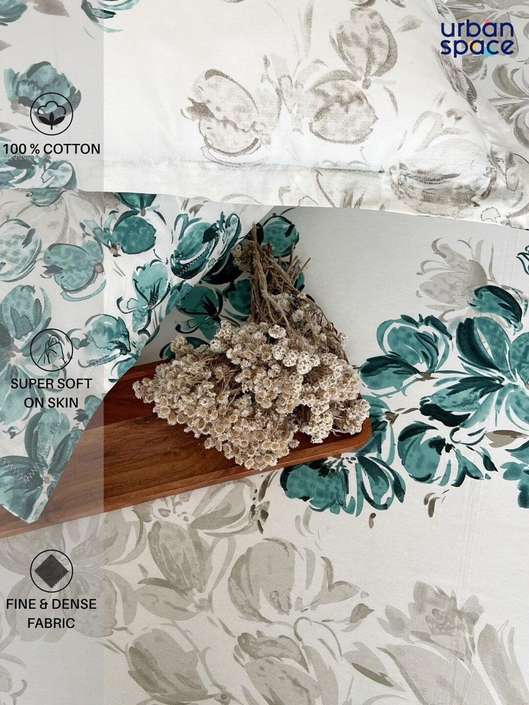 URBAN SPACE Serene White & Blue Printed 200 TC Pure Cotton Bedsheet & Pillow Covers - Swadesiicart
