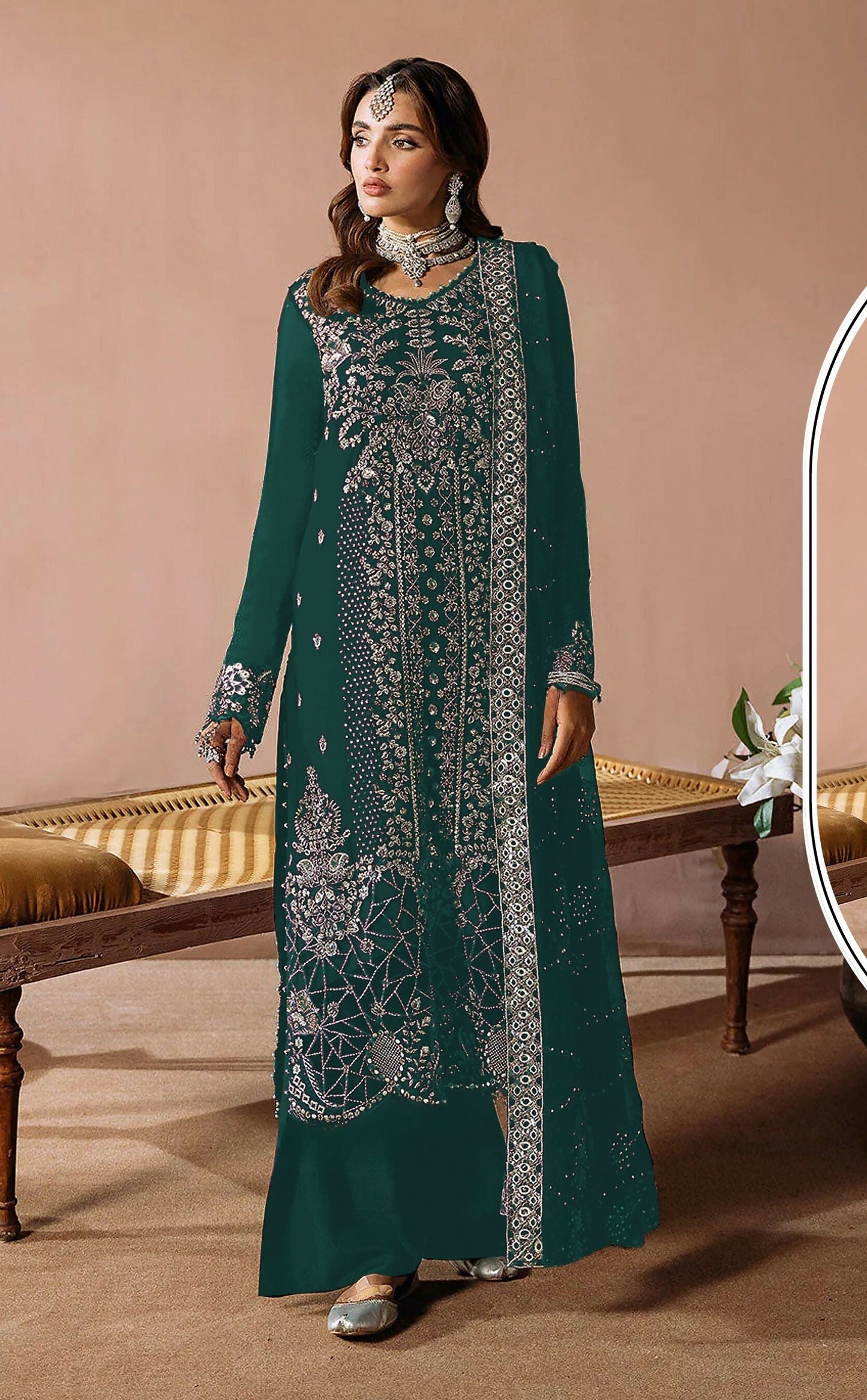Anaita Teal Velvet Suit with Embroidery Sequence Work - Swadesiicart
