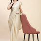 Beige Silk Satin Sequence Work Ready to Wear Saree with stitched Blouse - Nirvana | Swadesiicart