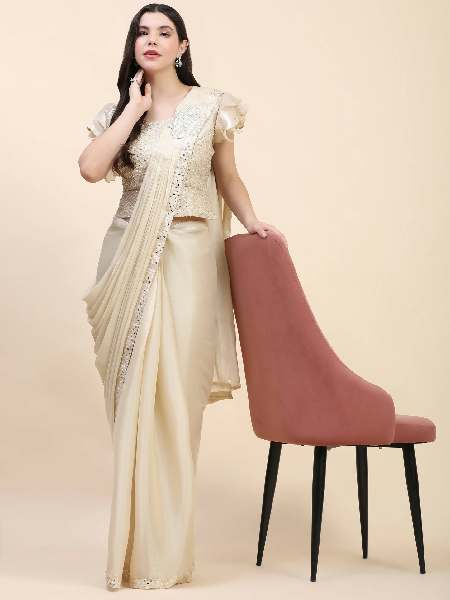 Beige Silk Satin Sequence Work Ready to Wear Saree with stitched Blouse - Nirvana | Swadesiicart