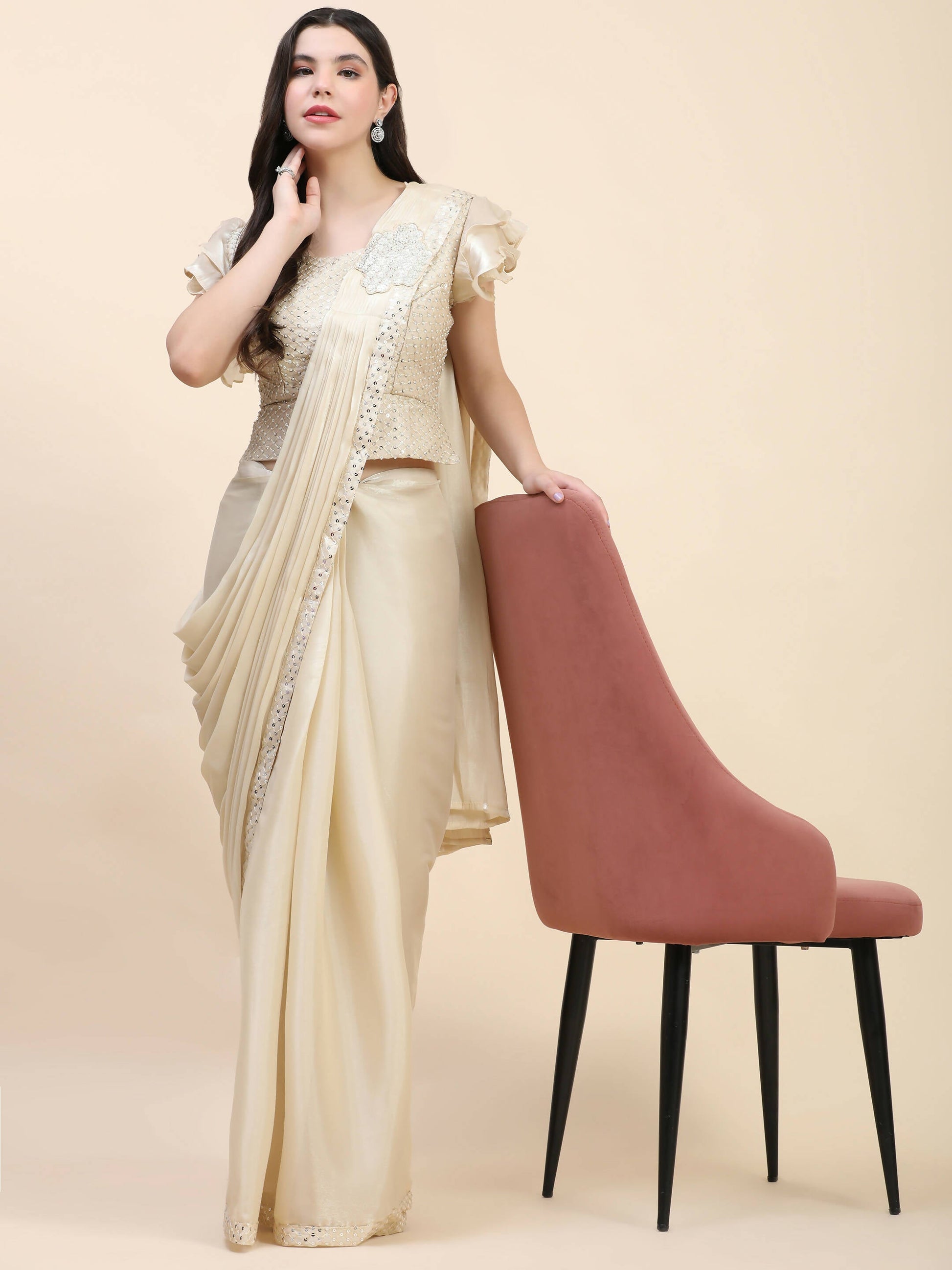 Beige Silk Satin Sequence Work Ready to Wear Saree with stitched Blouse - Nirvana | Swadesiicart