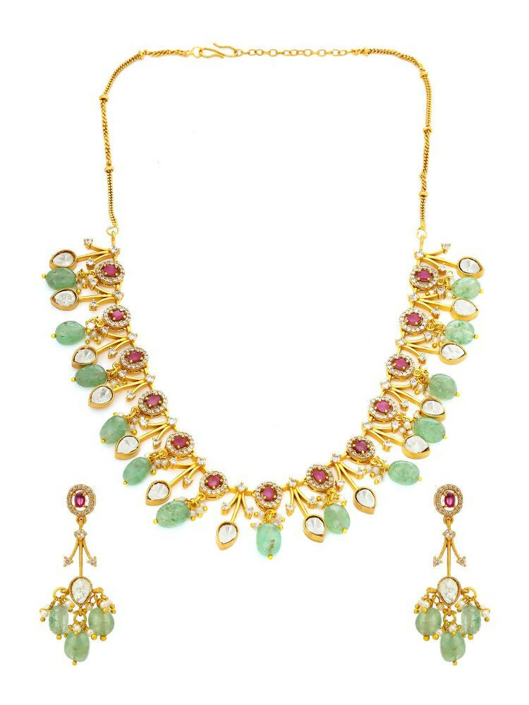 Natural Stones Antique Finish Earrings and Choker Necklace set - Ruby Raang | Swadesiicart