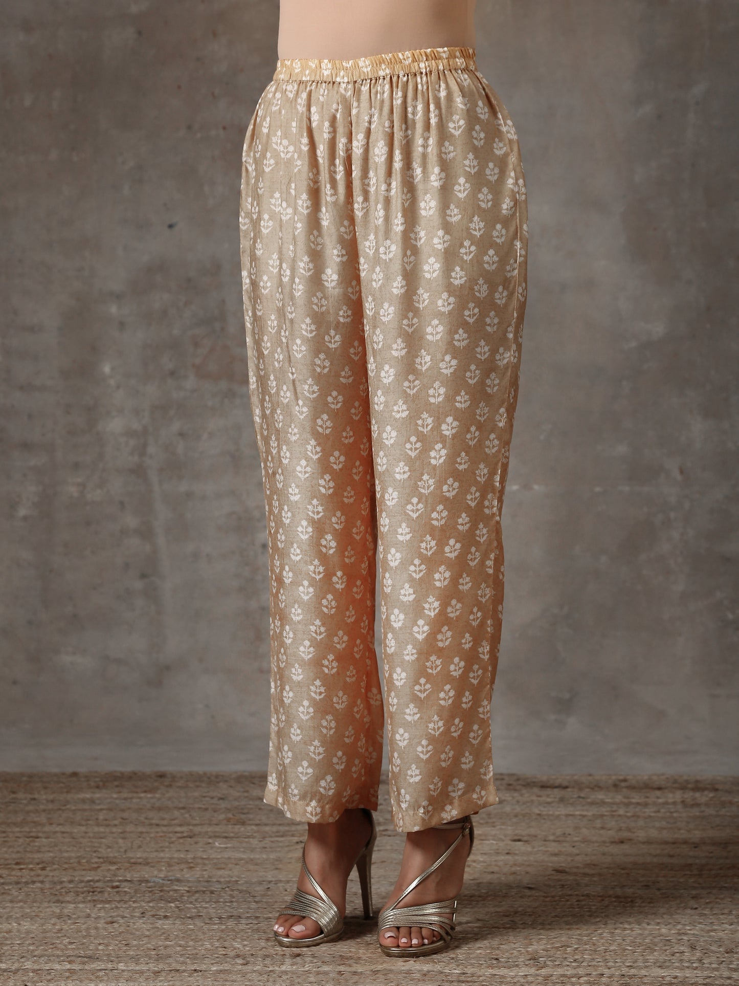 trueBrowns Beige White Printed Silk Co-Ord Set - Swadesiicart