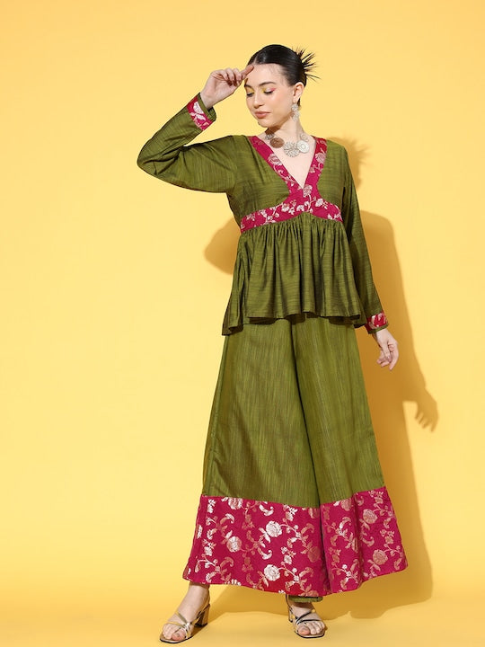 InWeave Women's Olive Pink Brocade Mughal Shaan Kurta Palazzo Set - Swadesiicart