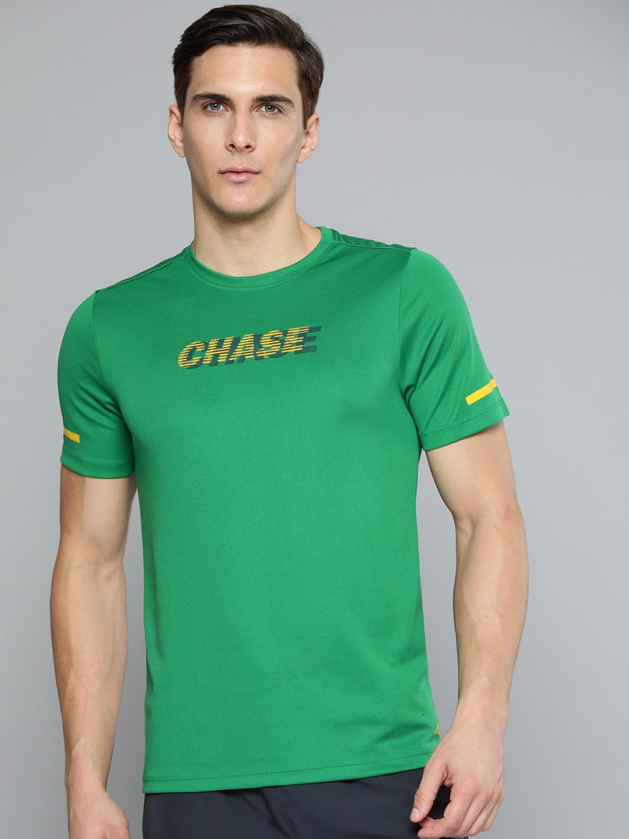Alcis Men Green & Yellow Typography Printed Slim Fit Running T-shirt | Swadesiicart