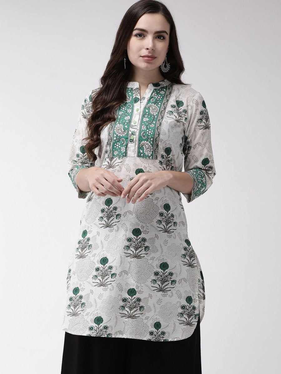 Anouk Off White Ethnic Motifs Printed Mandarin Collar Cotton Straight Kurta - Swadesiicart