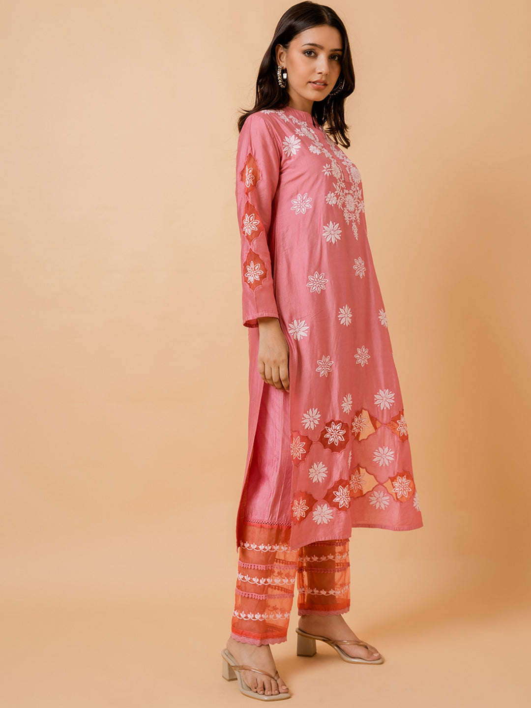 HOUSE OF KARI Ethnic Motifs Embroidered Chikankari Straight Chanderi Silk Kurta | Swadesiicart