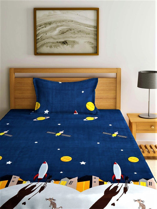 Home Sizzler Blue & Yellow Cartoon Characters 210 TC Bedsheet with Pillow Covers - Swadesiicart