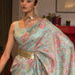 Mitera Turquoise Blue & Pink Floral Zari Silk Blend Banarasi Saree | Swadesiicart