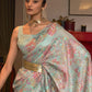 Mitera Turquoise Blue & Pink Floral Zari Silk Blend Banarasi Saree | Swadesiicart