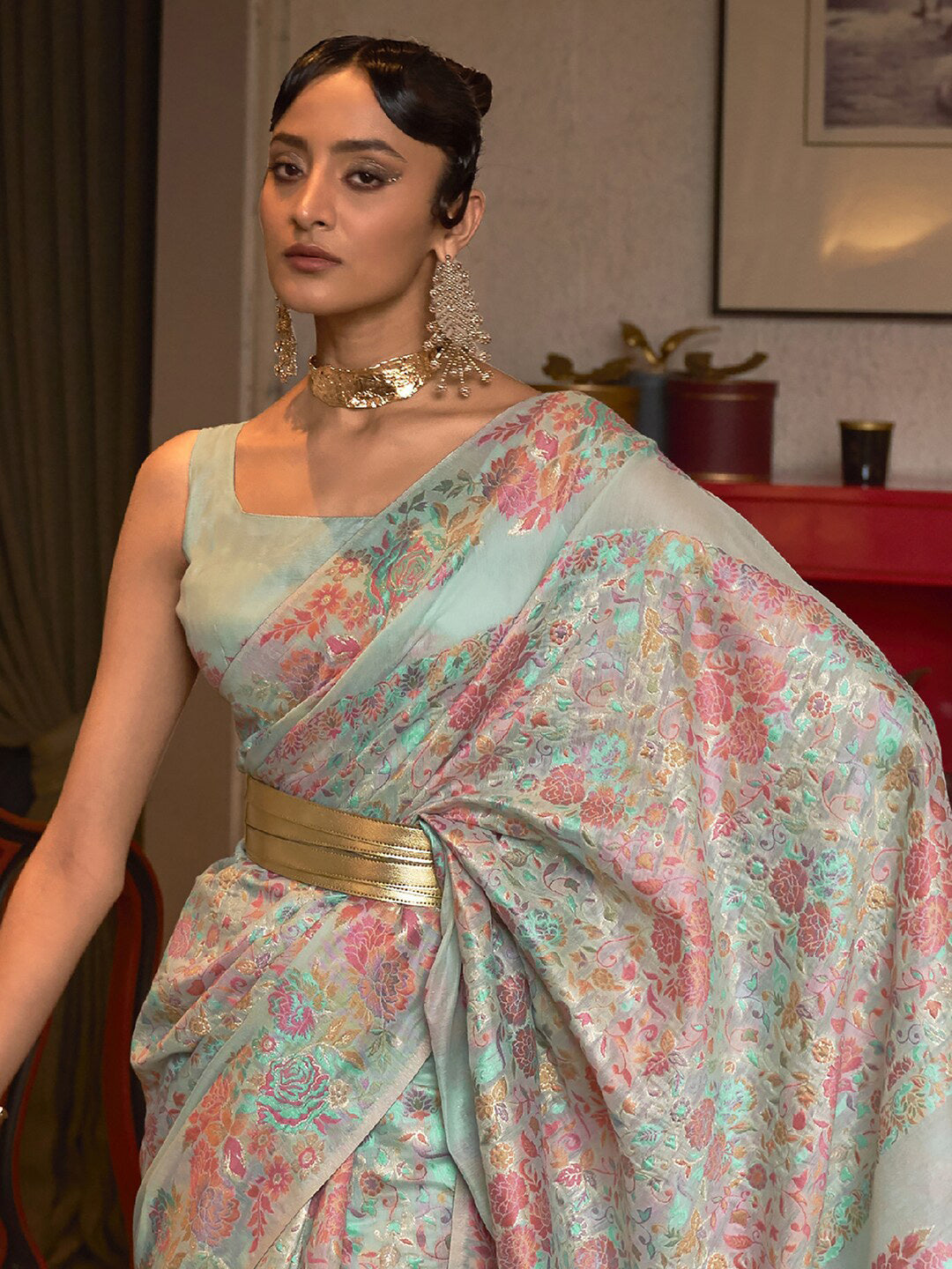 Mitera Turquoise Blue & Pink Floral Zari Silk Blend Banarasi Saree | Swadesiicart