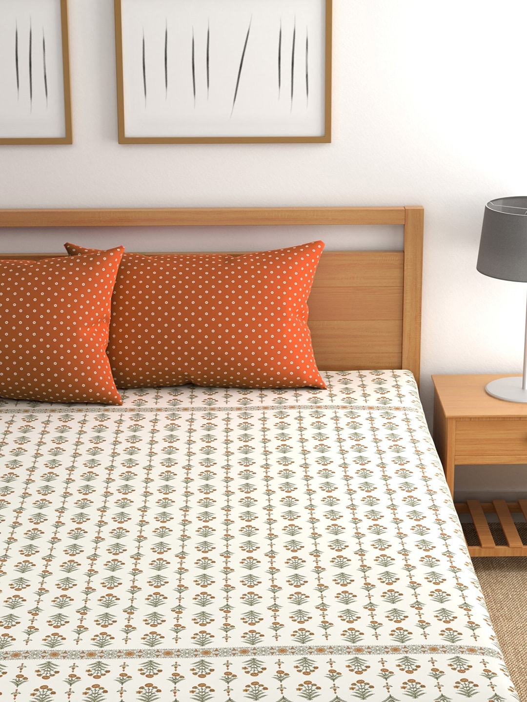 CHHAVI INDIA Cream-Coloured & Orange Floral Ultra Soft 210 TC Bedsheet with Pillow Covers - Swadesiicart
