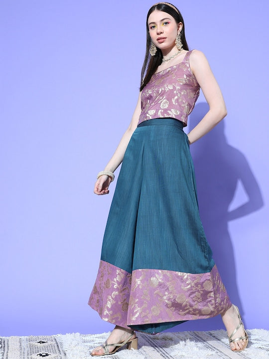 InWeave Women's Mauve Brocade Strappy Top W Teal Mauve Brocade Palazzo Set - Swadesiicart