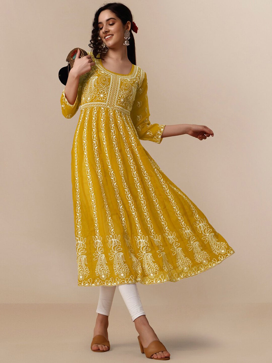 HERE&NOW Ethnic Motifs Embroidered Chikankari Georgette Anarkali Kurta | Swadesiicart