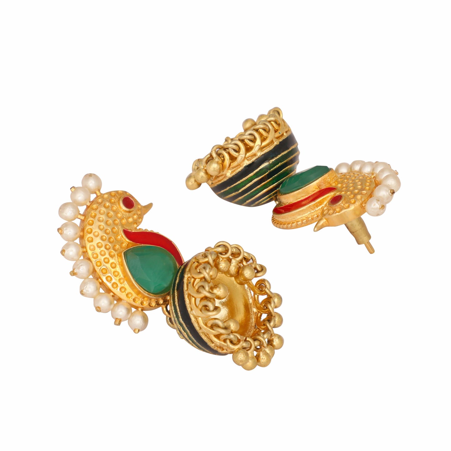 Nuyug 22K Gold Plated Pearls Studded Contemporary Shaped Enamel Jhumkas | Swadesiicart