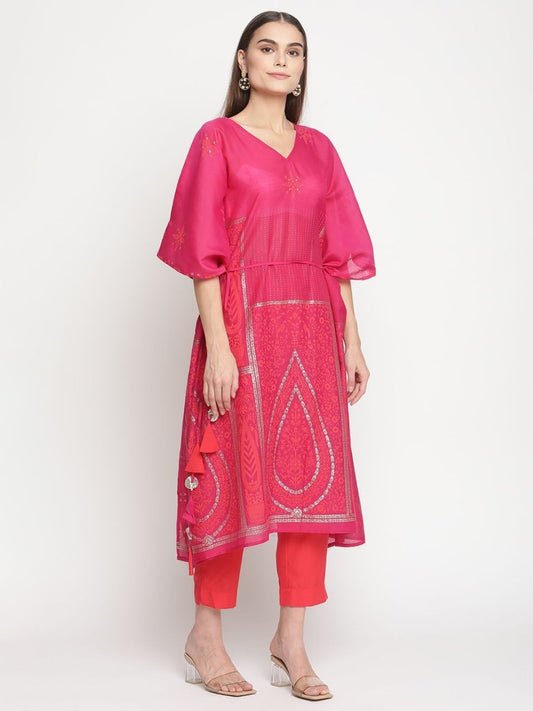 Ahalyaa Pink Chanderi Orange khari Print Kaftan With Trouser | Swadesiicart